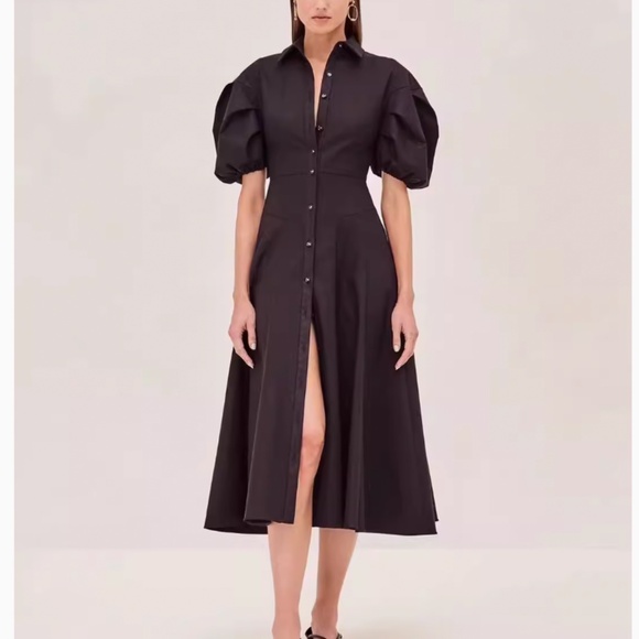 Alexis Dresses & Skirts - Alexis Amilya Puff-Sleeve Fit & Flare Midi Shirt Dress - Black